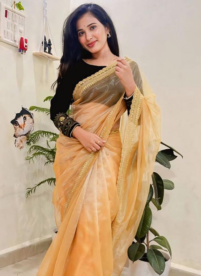 Twill Net Golden Party Wear Sequins Work Saree